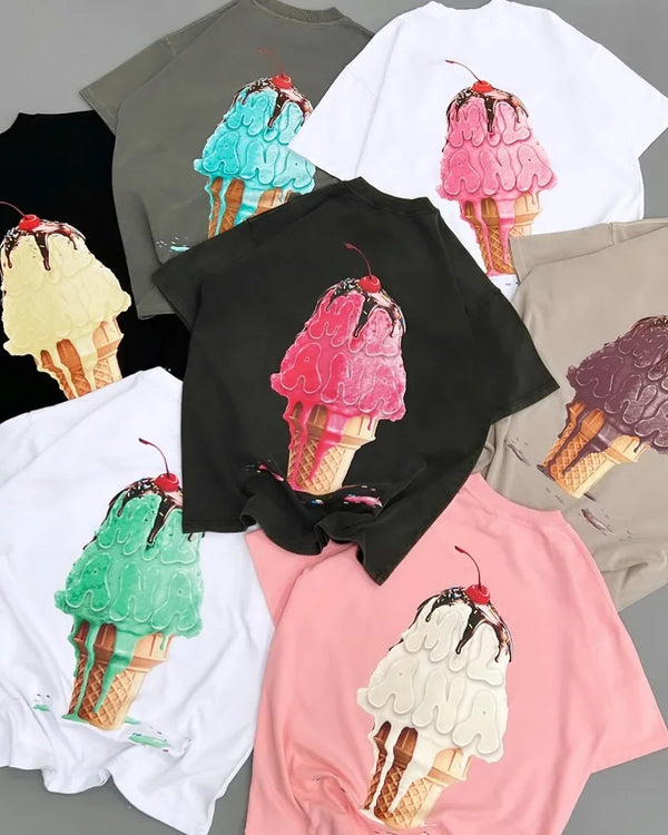Anime Graphic tee – 2024 Summer New Street Style Ice Cream Print Short Sleeve Co