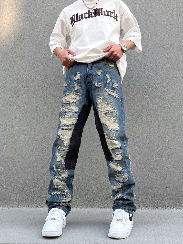 destroy ripped scratched patchwork denim jeans mens casual straight biker zipper trousers streetwear hip hop jean pants joggers unique joggers style 3902