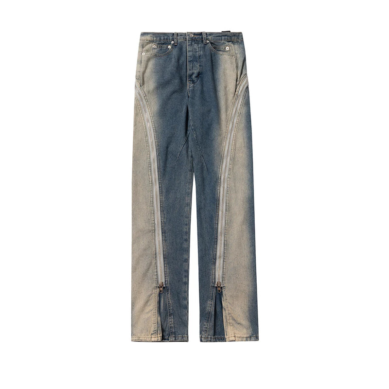 Ro Style Gradient Blue Horn Stacked Floor Dragging Jeans Unisex Streetwear Baggy Y2K Ribbons Zipper Denim Trousers Oversized