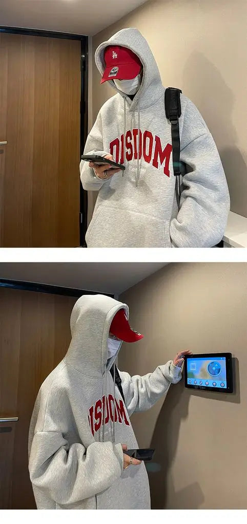 Gray Korean Style Hooded Sweatshirt Men Autumn Winter New American Trendy Brand Letter Printed Pullover Thickened Y2K Loose Top
