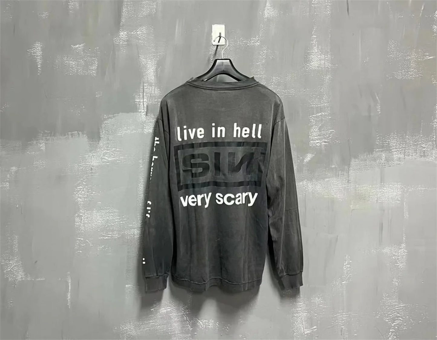 trapwear streetwear top featuring summer retro vintage sin print high street distressed worn cotton casual loose long sleeve t shirt pullover