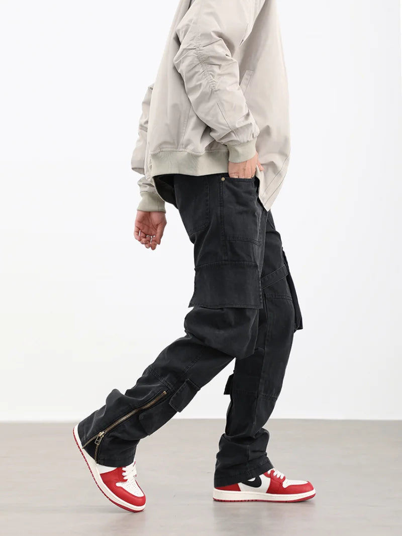 mens hip hip pants retro cargo pant streetwear side pockets bottom zipper harajuku joggers casual loose straight cotton trousers casual joggers