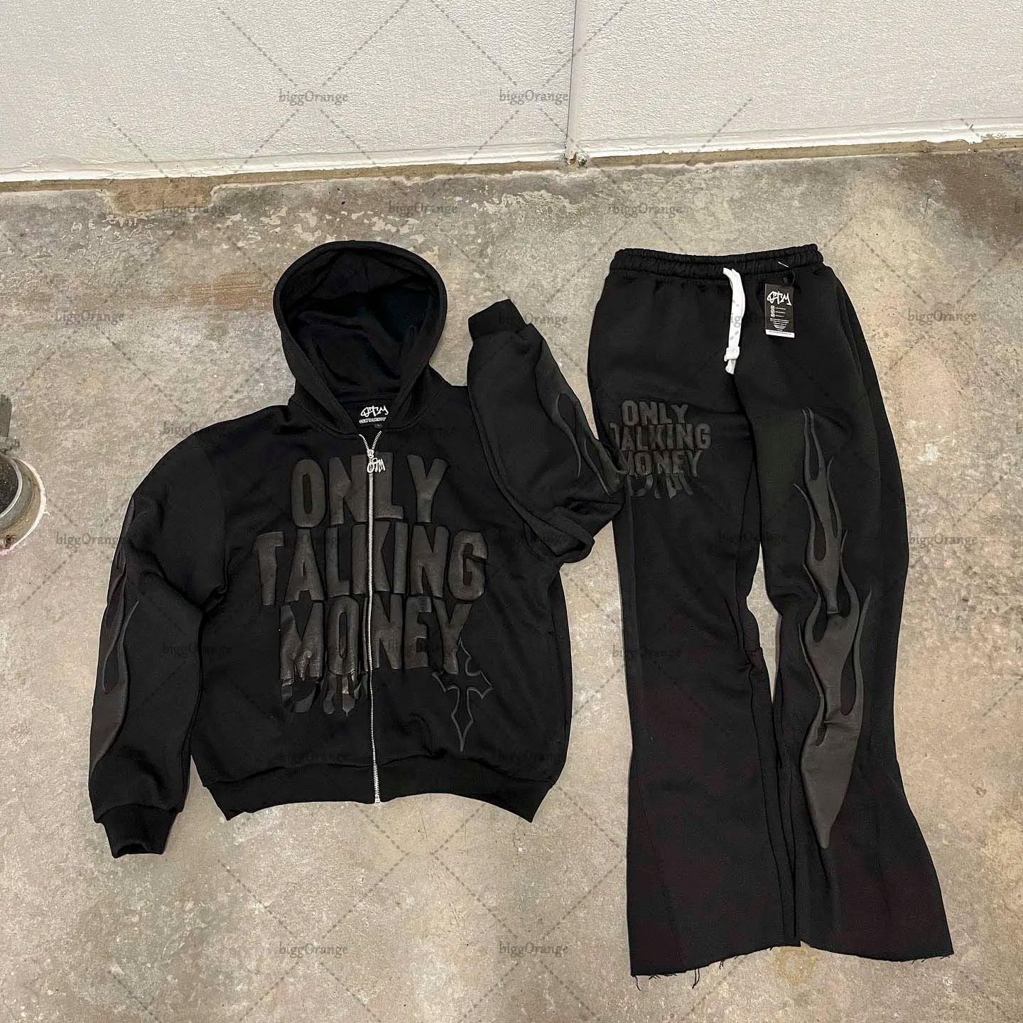 American Fashion Gothic Flame Letter Print Oversized Hoodie Mens Y2K S