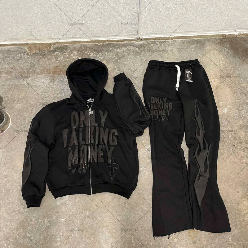 American Fashion Gothic Flame Letter Print Oversized Hoodie Mens Y2K S
