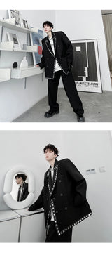 men streetwear fashion loose casual rivet hip hop party dress 2 piece suits blazers jacket pant sets stage clothing costume unique default style 1549