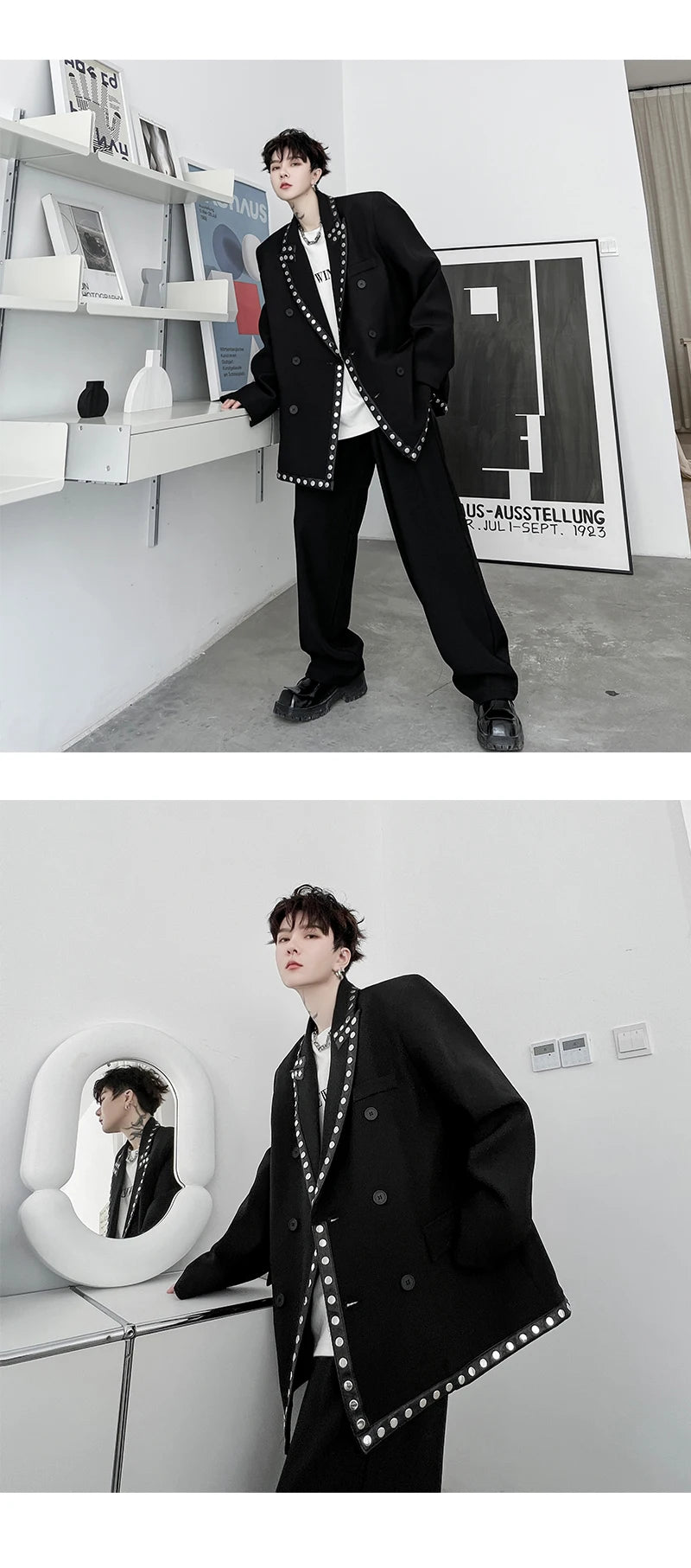 men streetwear fashion loose casual rivet hip hop party dress 2 piece suits blazers jacket pant sets stage clothing costume unique default style 1549