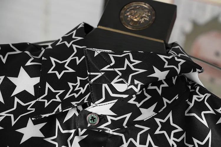 New 2022 Men 3D luxurious Classic Black White Star Print Fashion Silk Casual Shirts Shirt high Pocket Long-sleeves S 2XL #D276