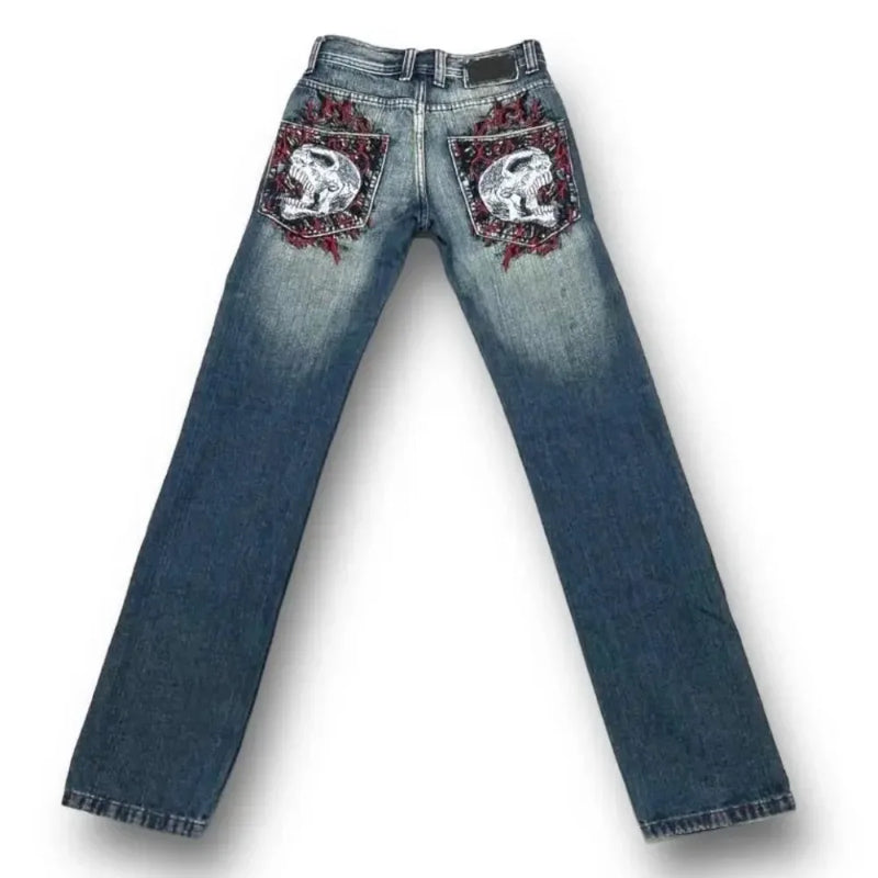 goth hip hop oversized skull embroidery pattern y2k baggy jeans new men and women straight black jeans retro casual denim pants unique jeans style 908