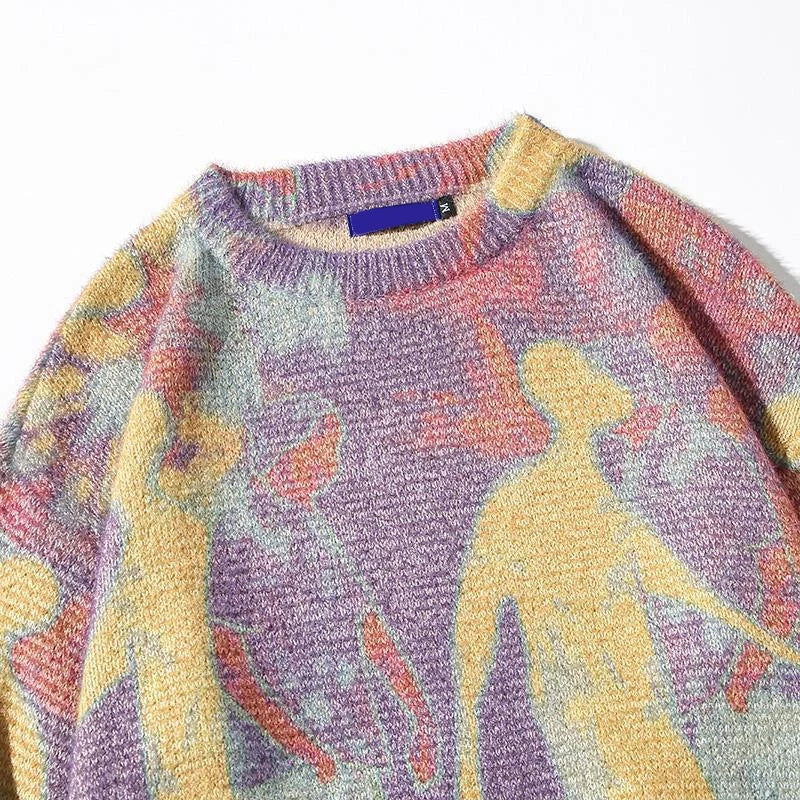rainbowtouches men sweater high street printing graffiti purple pullover vintage round neck knitted sweater spring and autumn - bold artwork streetwear hoodie, vintage look oversized hoodie, gothic aesthetic hoodie for winter