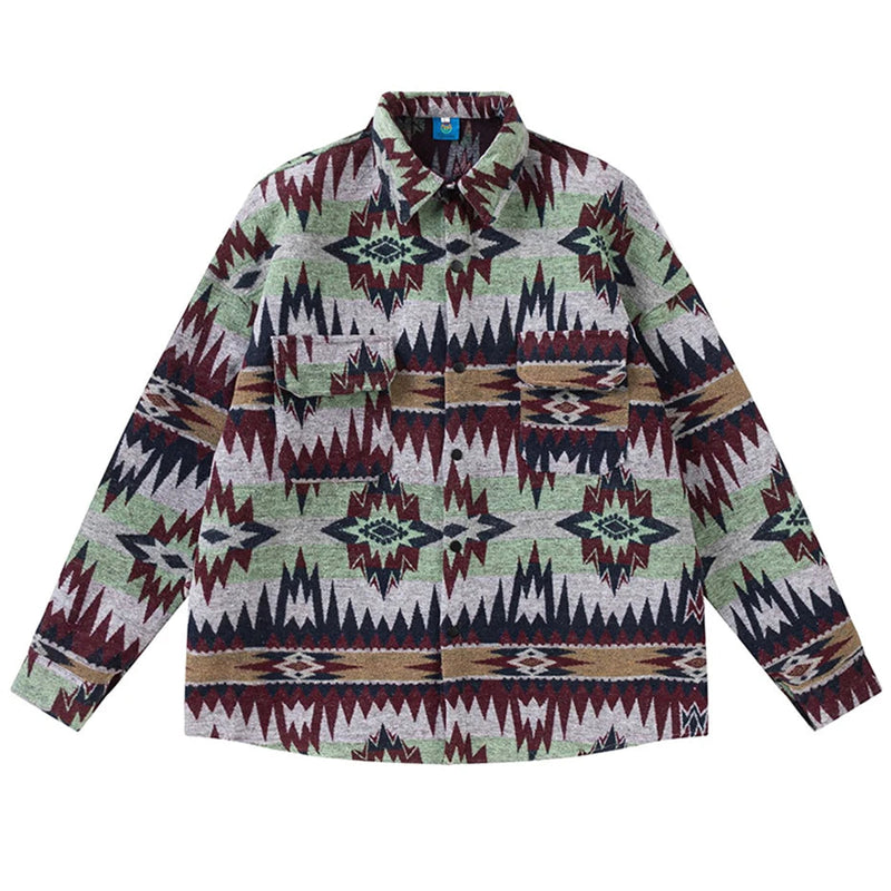 Skull Graphic Street Shirt – Vintage National Style Shirts Fall Winter Button Up Blouse Men Loose Long Sleeve Thicken Shirts | Button Shirt Drop #316