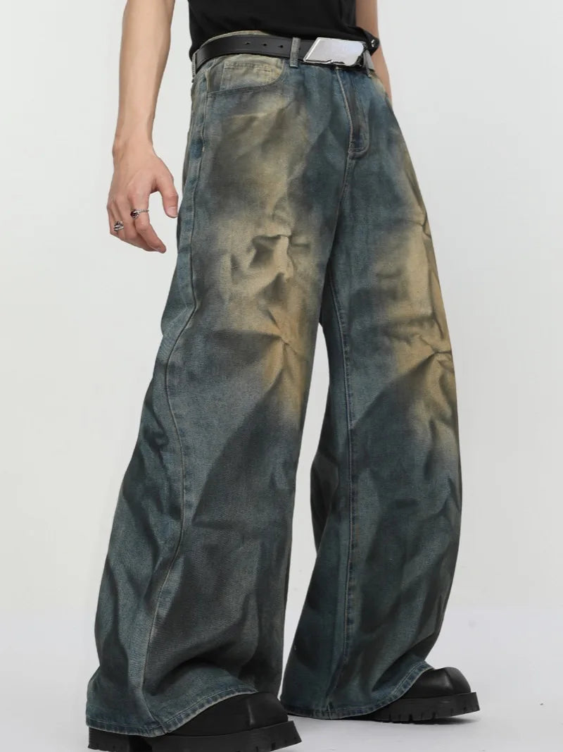 2 pieces sets mens fashion dirty graffiti wide shouder denim jeans jacket coat and wide legs pants joggers new streetwear sets urban active pants