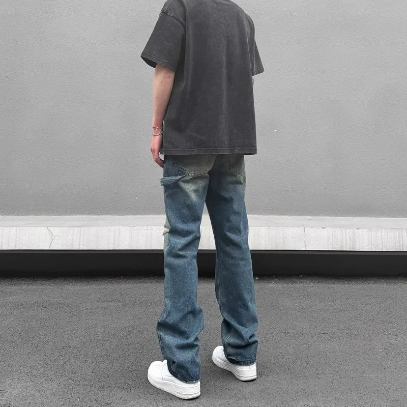 high street distressed black hole washed destroyed jeans casual ripped logging pants straight wide leg denim pants for men unique jeans style 90