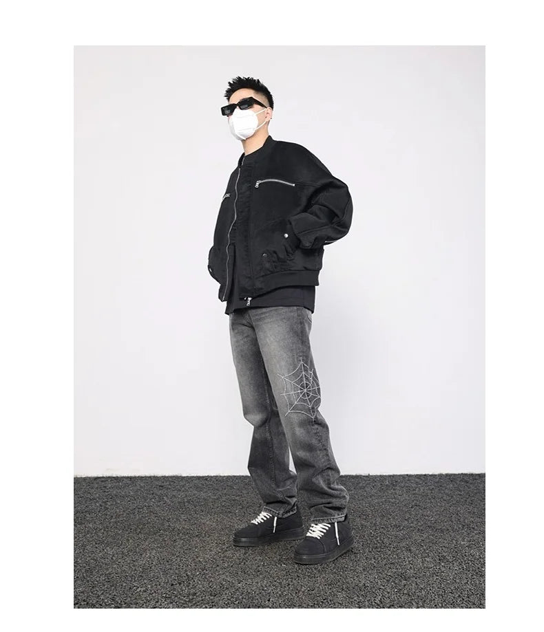 mens hip hop streetwear denim pants cobweb embroidery denim pants 2023 harajuku zipper cotton joggers jeans trousers harem pants unique joggers style 1935