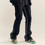 high street retro spotted ink contrast color flared jeans pants male wide leg plus size patchwork ripped denim trousers ripped baggy denim