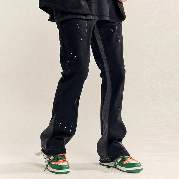 high street retro spotted ink contrast color flared jeans pants male wide leg plus size patchwork ripped denim trousers ripped baggy denim