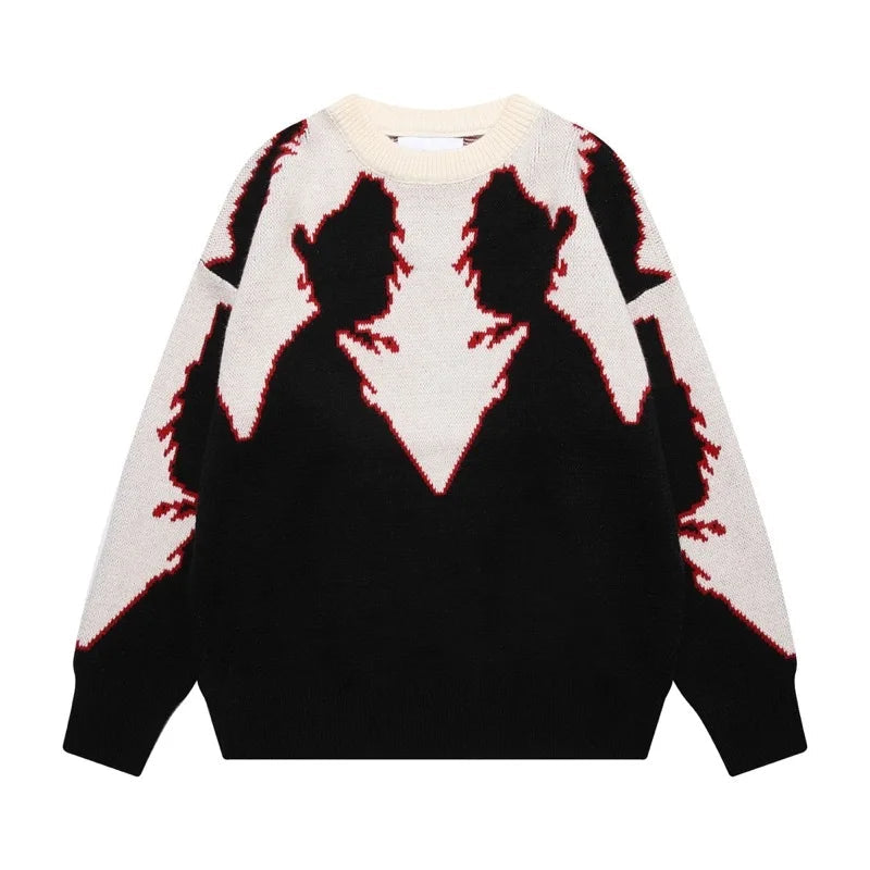 hip hop knitted sweater men autumn winter o neck anime pattern pullover streetwear casual loose sweaters unisex jumpers knitwear oversized graphic print design, streetwear fashion hoodie, aesthetic street look hoodie