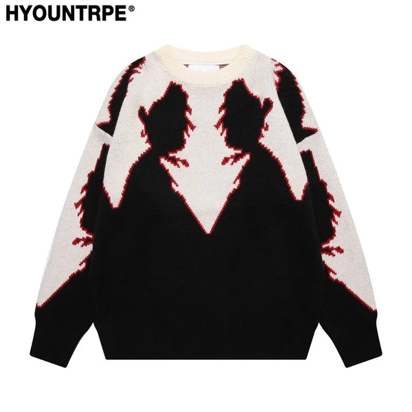 hip hop knitted sweater men autumn winter o neck anime pattern pullover streetwear casual loose sweaters unisex jumpers knitwear oversized graphic print design, streetwear fashion hoodie, aesthetic street look hoodie