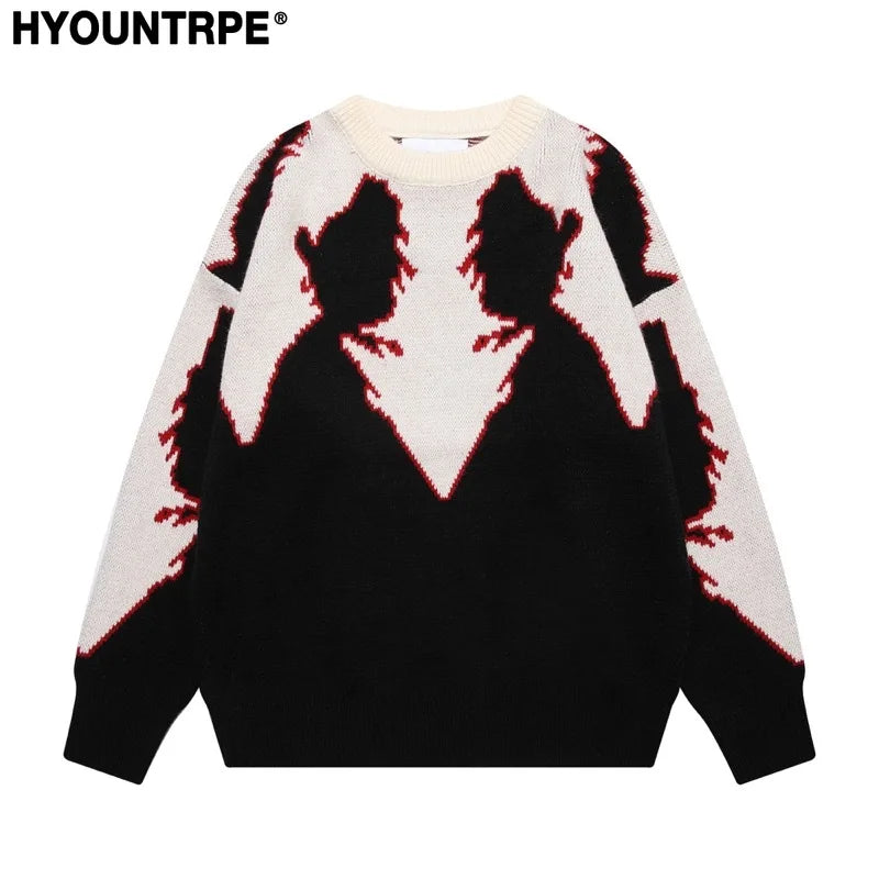 hip hop knitted sweater men autumn winter o neck anime pattern pullover streetwear casual loose sweaters unisex jumpers knitwear oversized graphic print design, streetwear fashion hoodie, aesthetic street look hoodie
