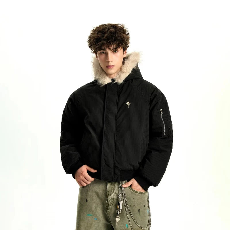 Winter American Street Hooded Parkas Mens New 2024 Thickened Trendy Fur Collar Cotton Jackets Warm Zipper Pocket Fluffy Coats