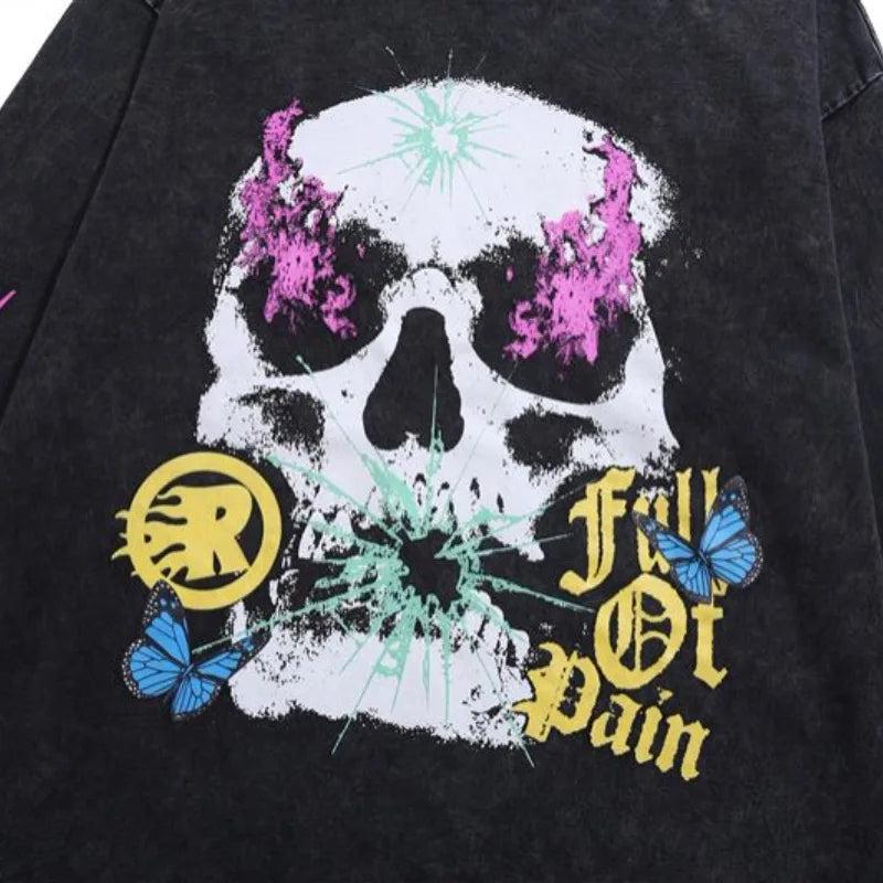 Cyberpunk Graphic Tee – Harajuku Skeleton Fire Printed Retro Distressed Washed T Shi – Urban Streetwear for Men & Women