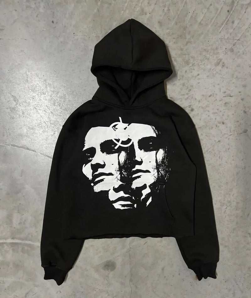 American Trendy Gothic Portrait Letter Print Oversized Hoodie Mens Y2K