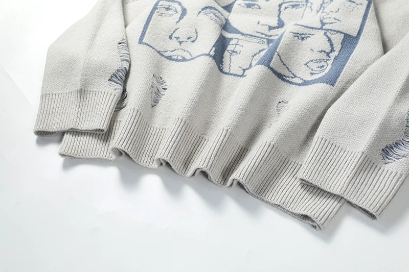hip hop knitted anime oversized sweater mens ripped sleeve pullover streetwear unisex new casual loose sweaters jumpers knitwear - Y2K grunge street style, urban fashion pullover, oversized streetwear hoodie