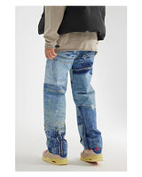 fashion fake patchwork printed denim jeans mens new casual zipper straight loose jeans streetwear hip hop baggy pants joggers unique joggers style 2423