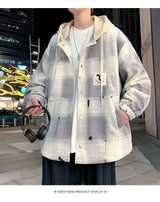 American high street men and women trendy personalized hooded cardigan sweatshirt couple loose retro plaid casual jacket top y2k