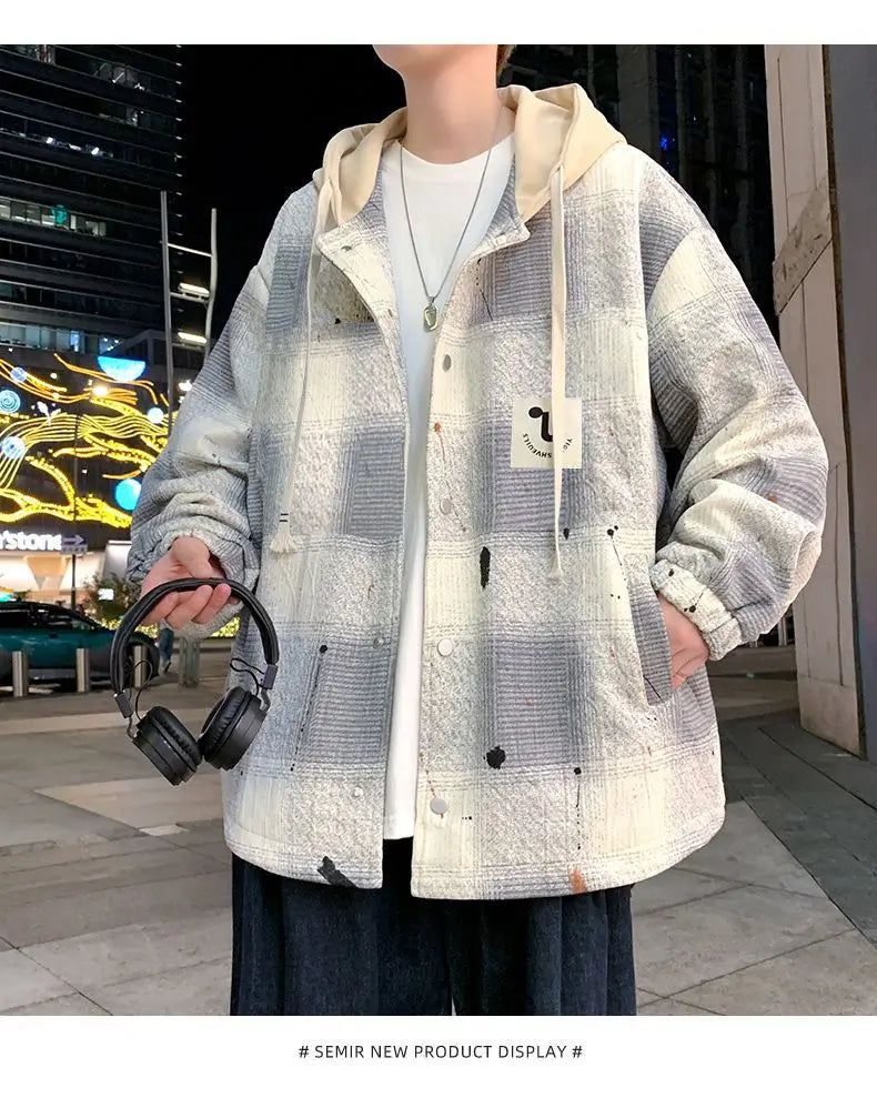 American high street men and women trendy personalized hooded cardigan sweatshirt couple loose retro plaid casual jacket top y2k