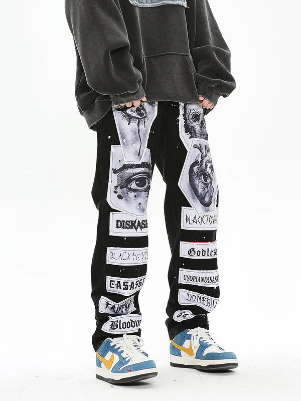 fashion skull graffiti patchwork denim jeans mens zipper jeans hip hop streetwear casual harajuku straight joggers jeans pants sporty tapered joggers