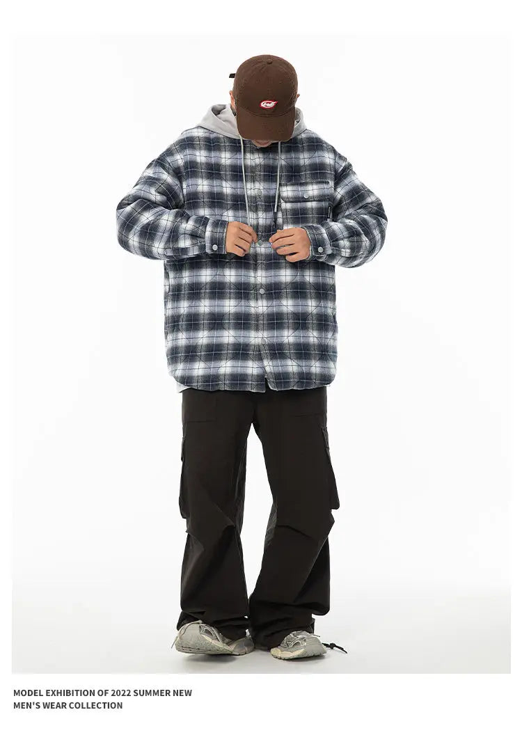 Winter Quilted Thick Plaid Hooded Jacket Men Wmen Streetwear Fashion Oversize Loose Casual Hoody Jacket Padded-cotton Parka Coat