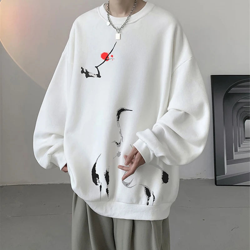 Ink Painting Cartoon Crane Printed Pullover Hoodies For Men 2024 New H