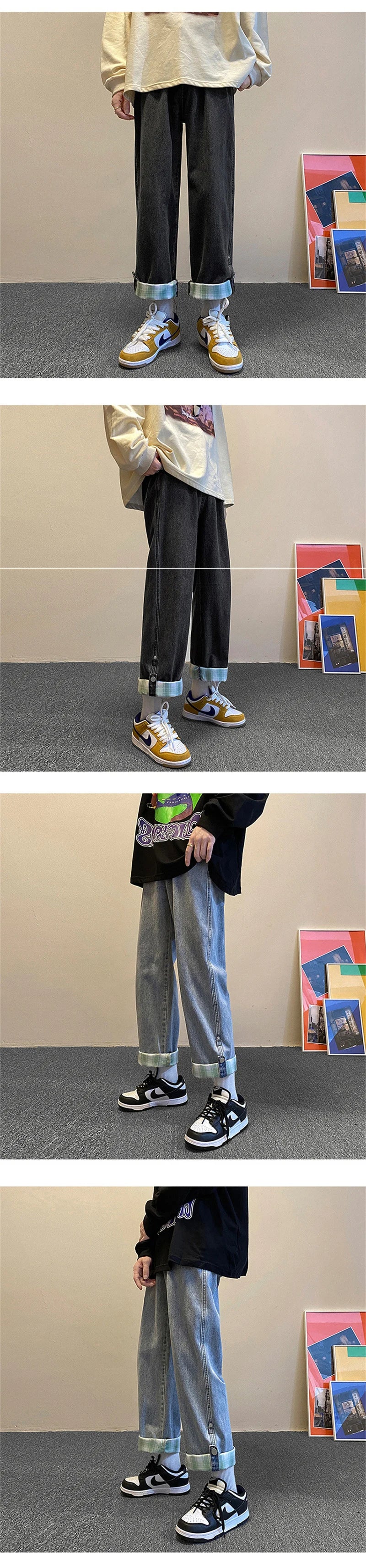 autumn plaid cuffs wide leg jeans for men high street fashion straight denim pants mujer elastic y2k baggy blue jean trousers unique jeans style 842