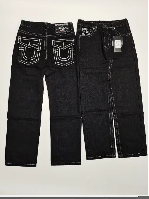 true faith embroidered jeans vintage street gothic loose casual denim hip hop red trousers couples baggy pants y2k clothes unique jeans style 4087