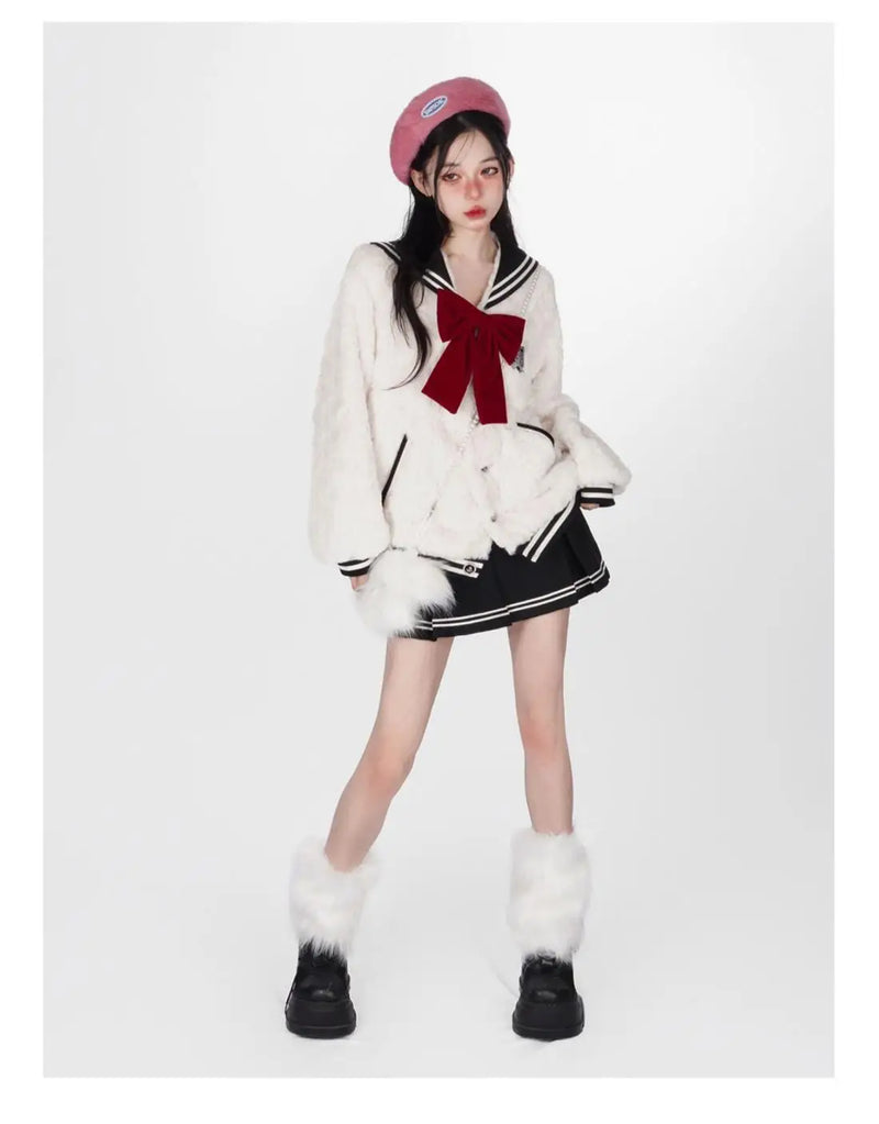 Harajuku Sweet Thicknecked Bow College Coat Woman Zip Up Hoodie Sailor