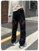 men embroidery streetwear brand fashion hip hop loose casual straight motorcycle denim jeans pant cityboy y2k jeans trousers unique jeans style 2482