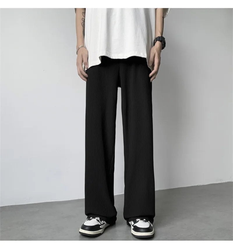 summer texture straight pants for men korean fashion baggy wide leg trousers casual drape pleated striped y2k pantalones hombre unique default style 504