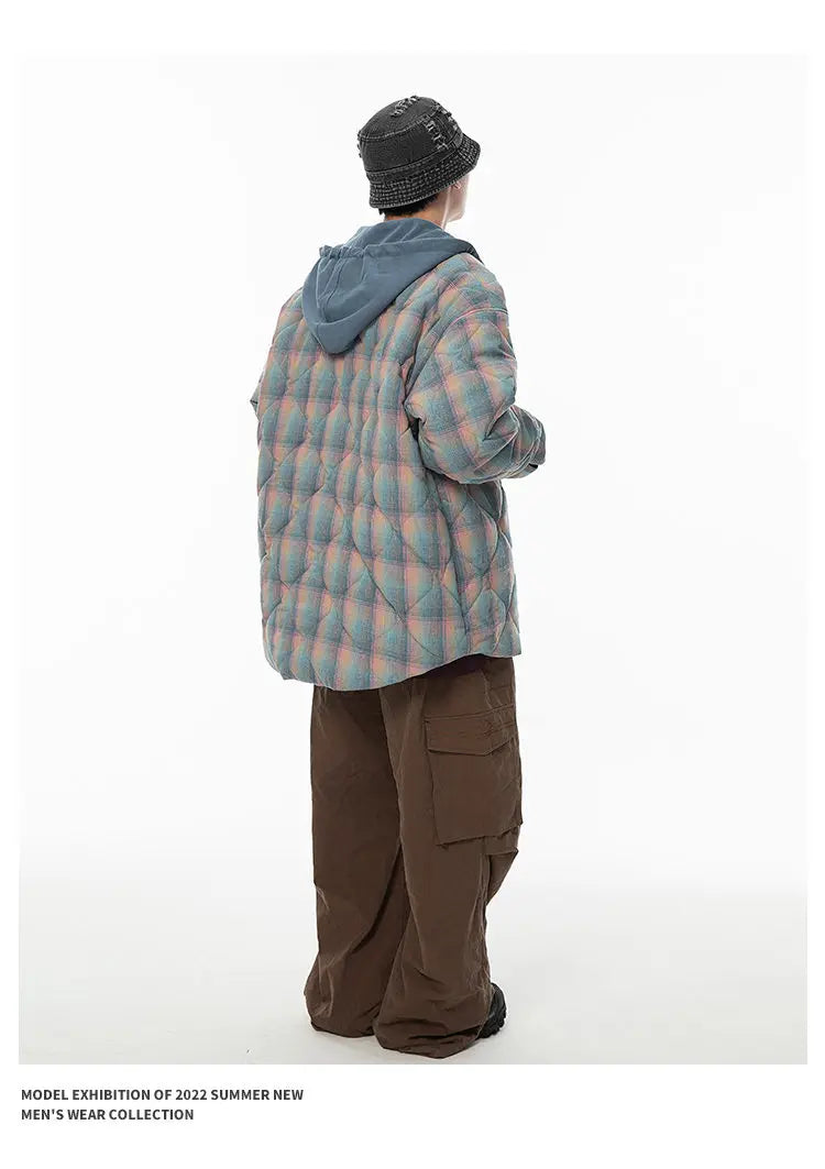 Winter Quilted Thick Plaid Hooded Jacket Men Wmen Streetwear Fashion Oversize Loose Casual Hoody Jacket Padded-cotton Parka Coat