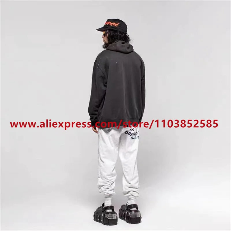 2024 autumn winter vintage casual sports pants mens letter illustration printed loose drawstring leg strap high street hip hop unique default style 1870