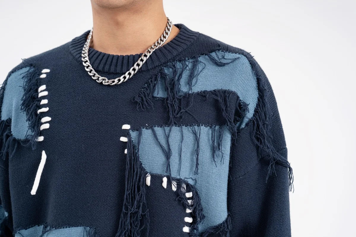 mens knitted sweater fashion tassel irregular block pullovers casual o neck unisex harajuku y2k streetwear loose knit jumpers - Y2K grunge street style, graphic printed hoodie for men and women, gothic aesthetic hoodie for winter