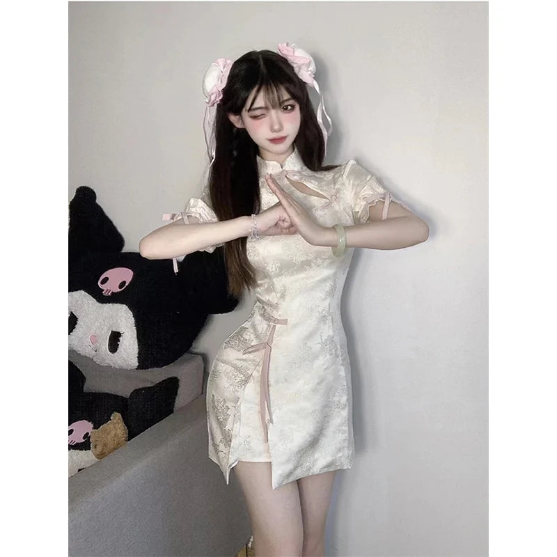 Vintage Chinese Style Cheongsam High Split Mini Dress 2024 Tie Dye Gothic Women Aesthetic Bandage Dresses Y2k Sexy Bodycon Robe