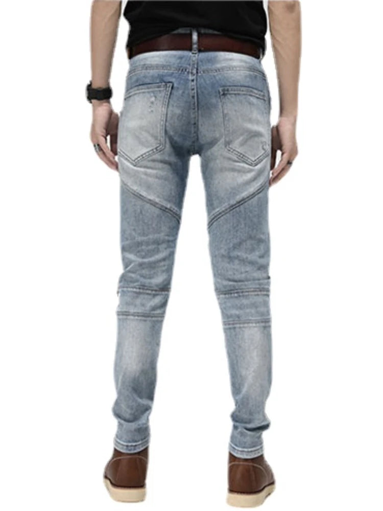 knee zipper patchwork pleated skinny denim jeans men casual slim biker trousers jeans fashion streetwear hip hop pants joggers unique joggers style 1126