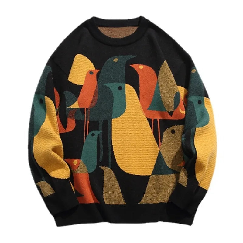 fashion knitted sweater mens autumn winter o neck birds pattern pullover streetwear unisex casual loose sweaters jumper knitwear - high quality cotton hoodie, vintage look oversized hoodie, trendy hip hop fashion hoodie