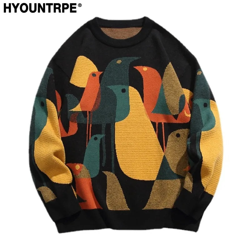 fashion knitted sweater mens autumn winter o neck birds pattern pullover streetwear unisex casual loose sweaters jumper knitwear - high quality cotton hoodie, vintage look oversized hoodie, trendy hip hop fashion hoodie