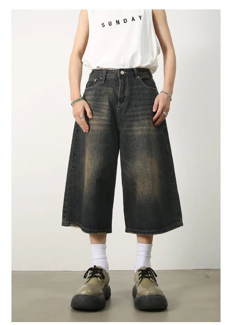 men summer streetwear fashion loose casual wide leg denim calf length jeans pants male vintage jeans baggy hosen pants unique jeans style 1509