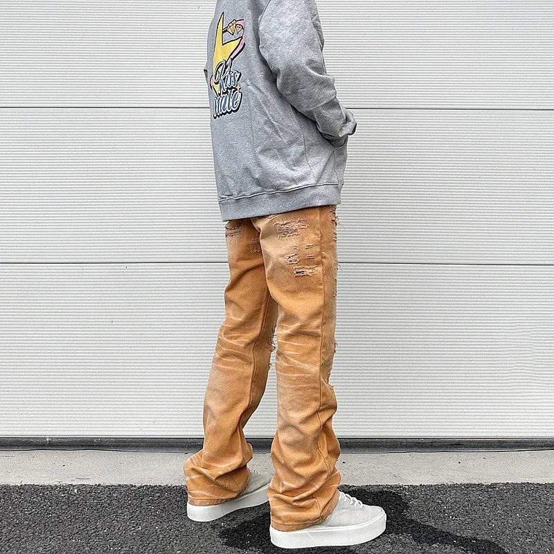 american high street washed torn jean mens y2k baggy ripped jeans cat whisker patch straight tube casual pants jeans hip hop ripped baggy denim
