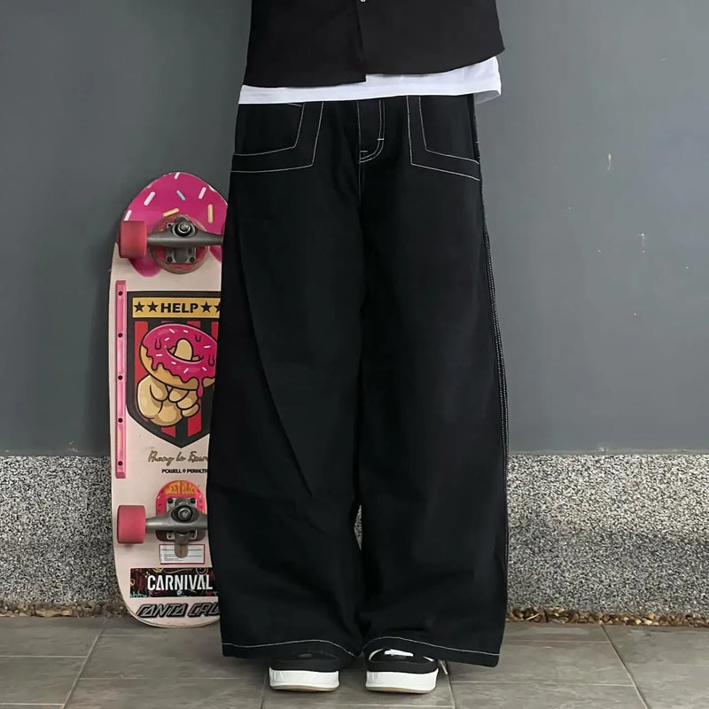 y2k jeans men women high waist wide wexwear graphic embroidered baggy jeans streetweartrouser harajuku black skateboard pants unique jeans style 2442