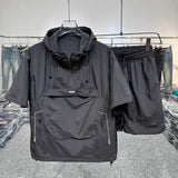 Summer Short Sleeved Shorts Set Workwear Pocket Hooded Zip Top Loose T