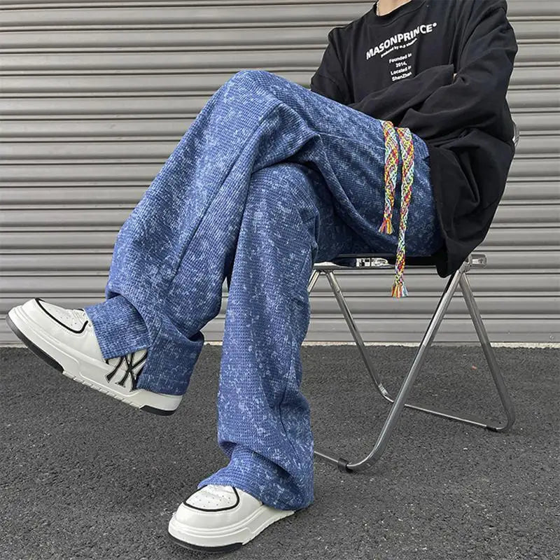 korean style waffle tie dye casual pants high street vibe pants men trendy brand colorful drawstring side slit straight trousers unique default style 2113