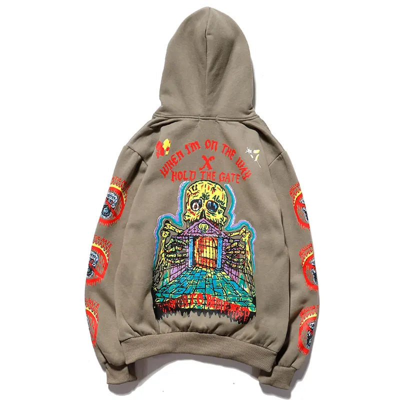 Punk Hoodie Men Streetwear Hip Hop Skull Skeleton Print Gothic Fleece